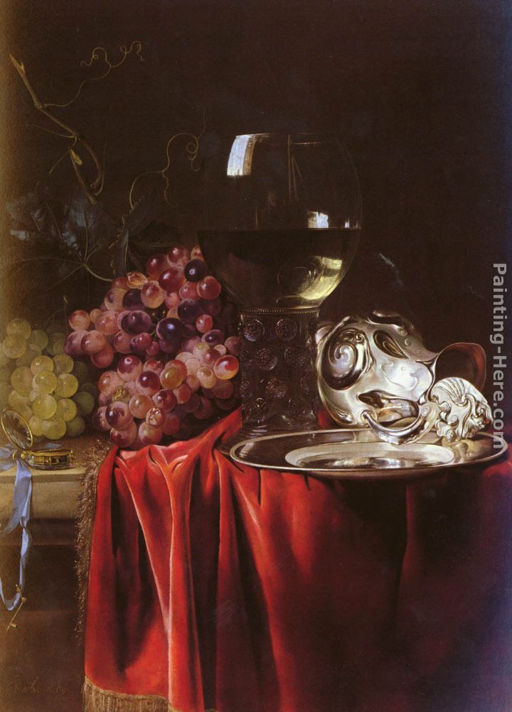 A Still Life of Grapes, a Roemer, a Silver Ewer and a Plate painting - Willem van Aelst A Still Life of Grapes, a Roemer, a Silver Ewer and a Plate art painting